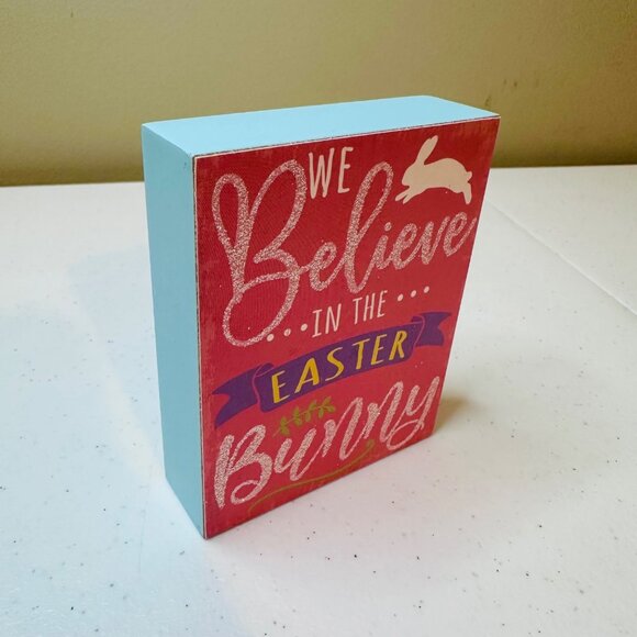 WE BELIEVE IN THE EASTER BUNNY wood block sign decoration glitter Easter decor - Picture 7 of 10
